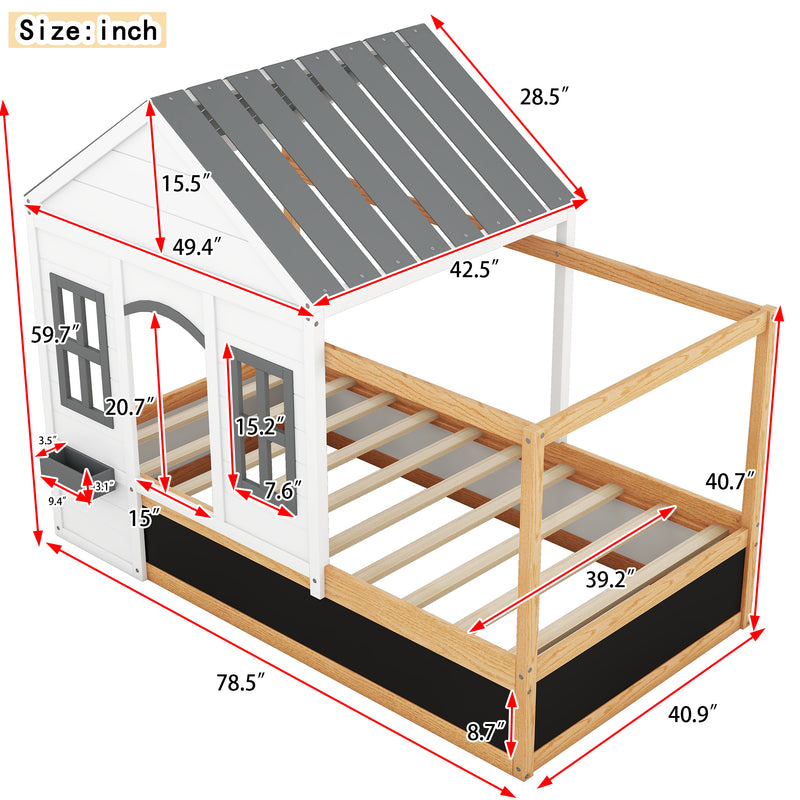 Twin Size House Shaped Canopy Bed with Black Roof and White Window,Blackboard and Little Shelf, White(Old SKU: WF294051AAK)