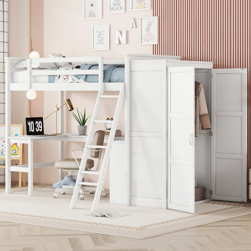 Twin size Loft Bed with Desk, Shelves and Wardrobe-White