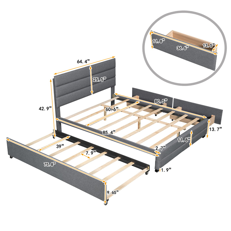 Queen Upholstered Platform Bed with Twin Size Trundle and Two Drawers,Grey