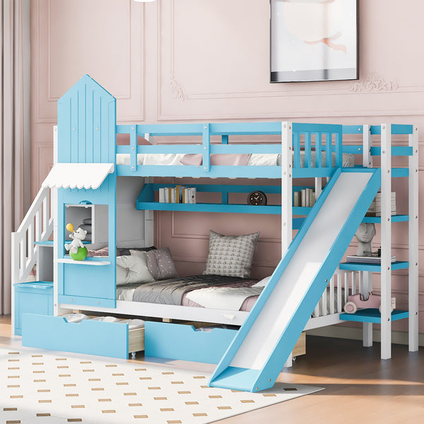 Twin-Over-Twin Castle Style Bunk Bed with 2 Drawers 3 Shelves and Slide - Blue