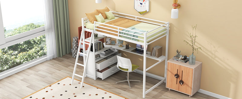 Twin Size Metal&Wood Loft Bed with Desk and Shelves, Two Built-in Drawers, White