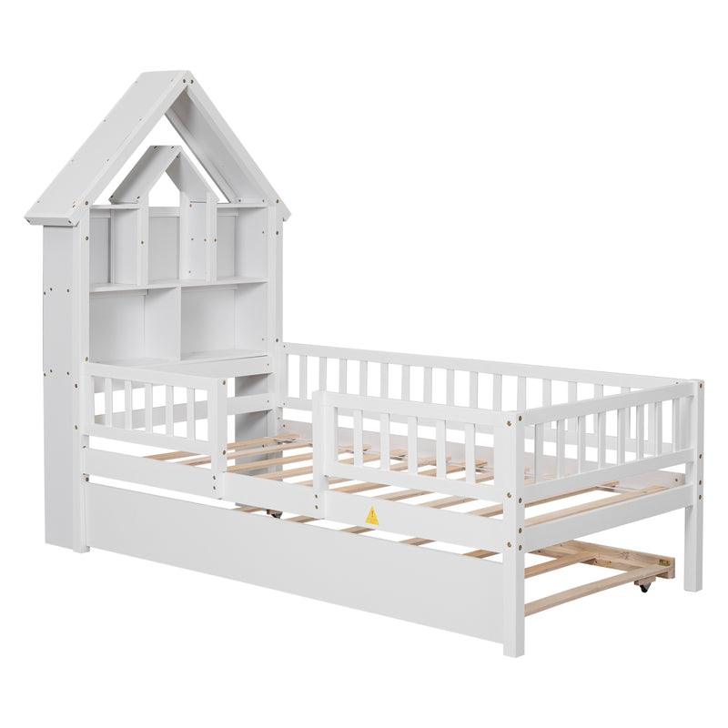 Twin Size House-Shaped Headboard with Fence Guardrails and Trundle,White