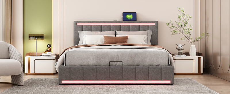 Queen Size Upholstered Platform Bed with Hydraulic Storage System, LED Light, and a set of USB Ports and Sockets, Linen Fabric, Gray