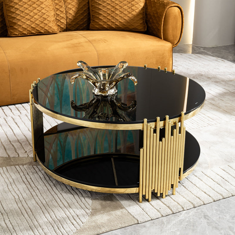 Double Layer Tempered Glass Top Stainless Steel Round Coffee Table For Living Room - Gold / Black