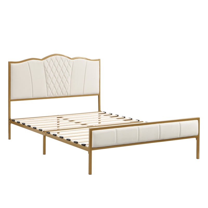 Queen Size Bed Frame, Modern Upholstered Bed Frame with Tufted Headboard, Golden Metal Platform Bed Frame with Wood Slat Support, Noise Free, No Box Spring Needed,Beige