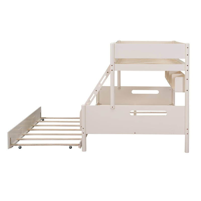 Wood Twin over Full Bunk Bed with Storage Shelves and Twin Size Trundle, Cream