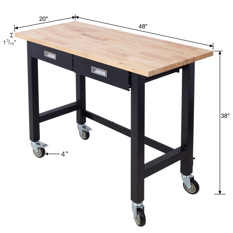 Work Bench, Workbench With Drawer Storage, Heavy Duty Bamboo Wood Work Table With Wheels For Garage Home Office