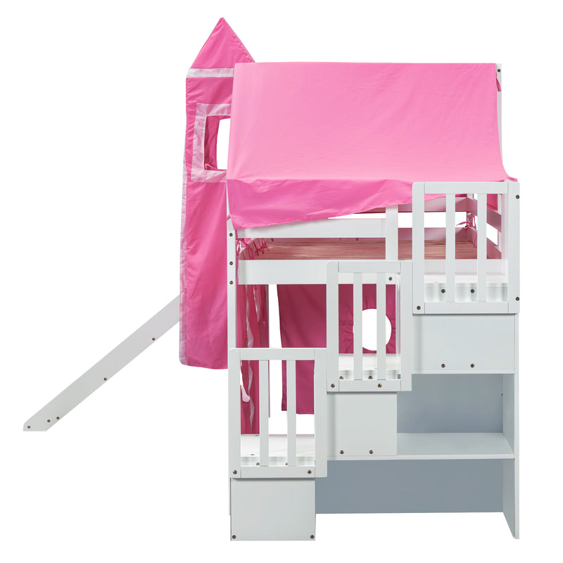 Twin Size Loft Bed with Tent and Tower - Pink