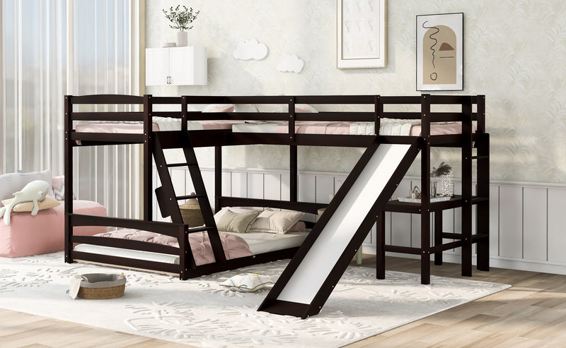 Twin over Full Bunk Bed with Twin Size Loft Bed with Desk and Slide,Full-Length Guardrail, Espresso