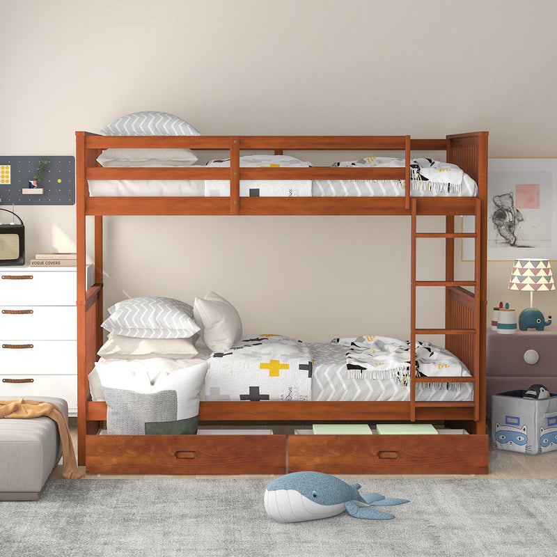 Twin-Over-Twin Bunk Bed with Ladders and Two Storage Drawers (Walnut)(OLD SKU:LT000265AAD)