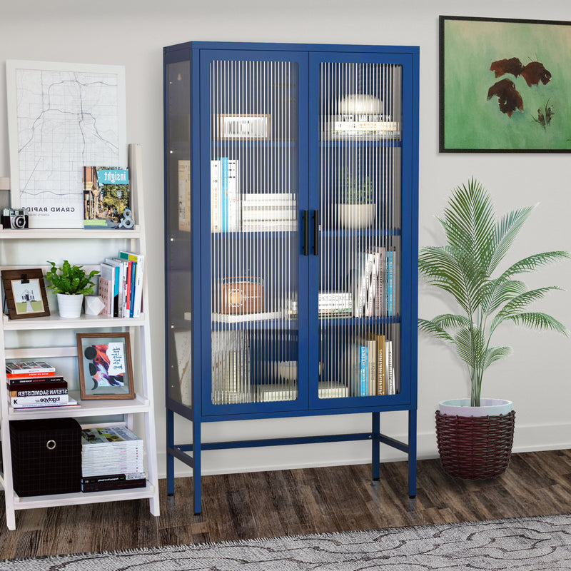 Double Glass Door Storage Cabinet with Adjustable Shelves and Feet Cold-Rolled Steel Sideboard Furniture for Living Room Kitchen BLUE