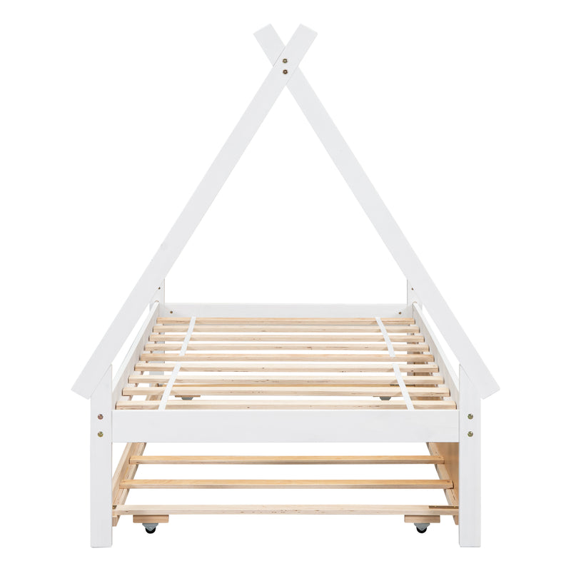 Twin size Tent Floor Bed, Teepee Bed, with Trundle,White