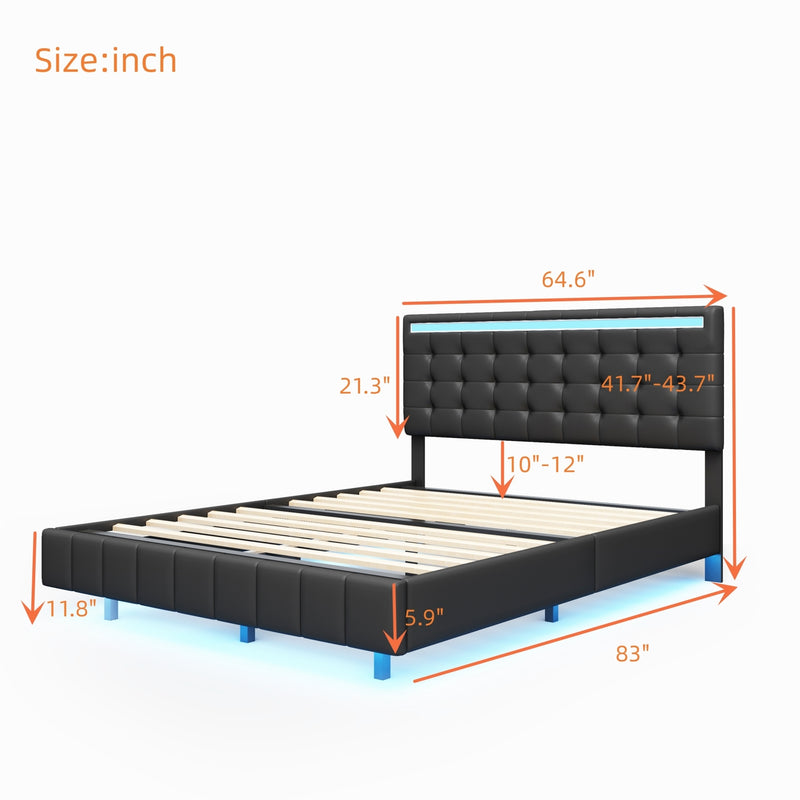 Queen Size Floating Bed Frame with LED Lights and USB Charging,Modern Upholstered Platform LED Bed Frame,Black