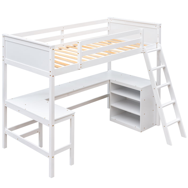 Twin size Loft Bed with Shelves and Desk, Wooden Loft Bed with Desk - White(OLD SKU:LT000537AAK)