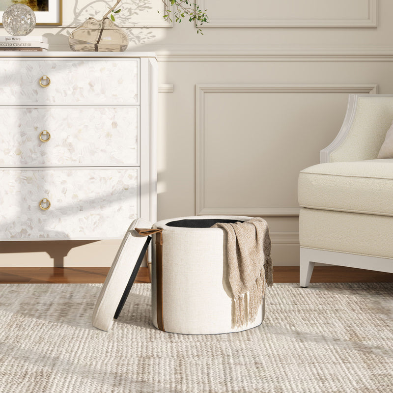 Brandy - Round Upholstered Storage Ottoman With Leather Accent