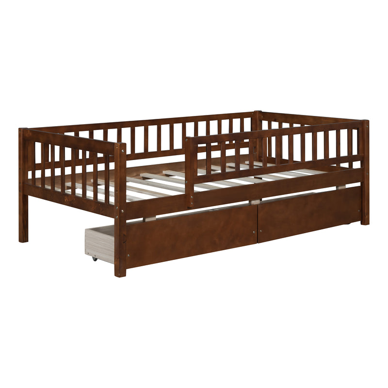 Twin Size Daybed Wood Bed with Two Drawers, Walnut