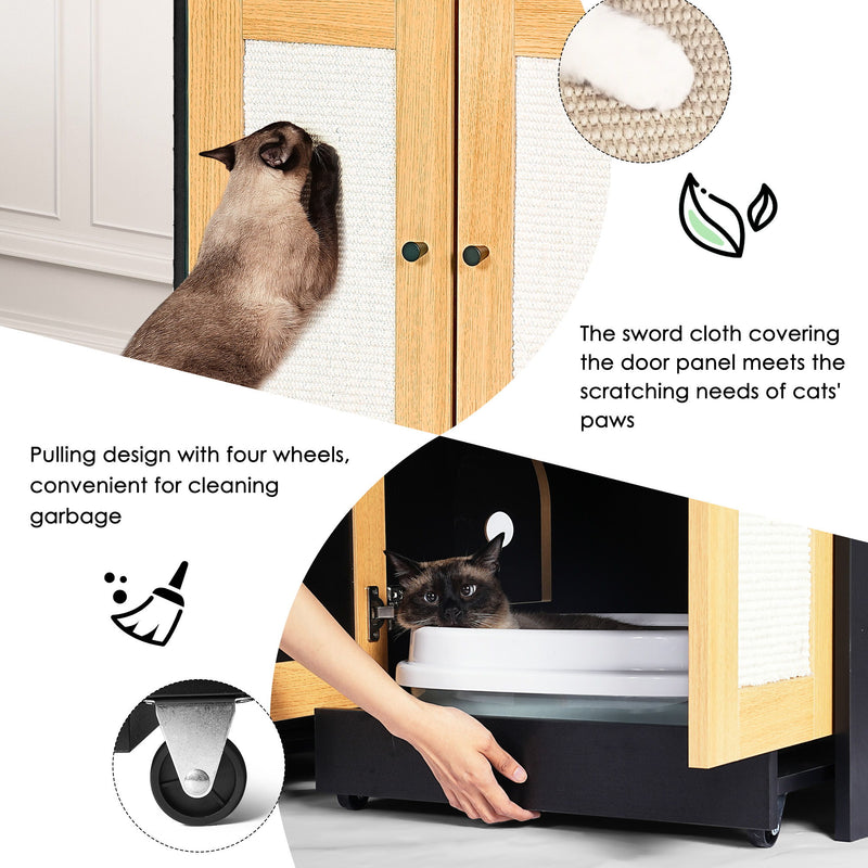 Double Litter Box Enclosure, Cat Litter Box Enclosure For 2 Cats, Hidden Litter Box Furniture With Rattan Doors - Black