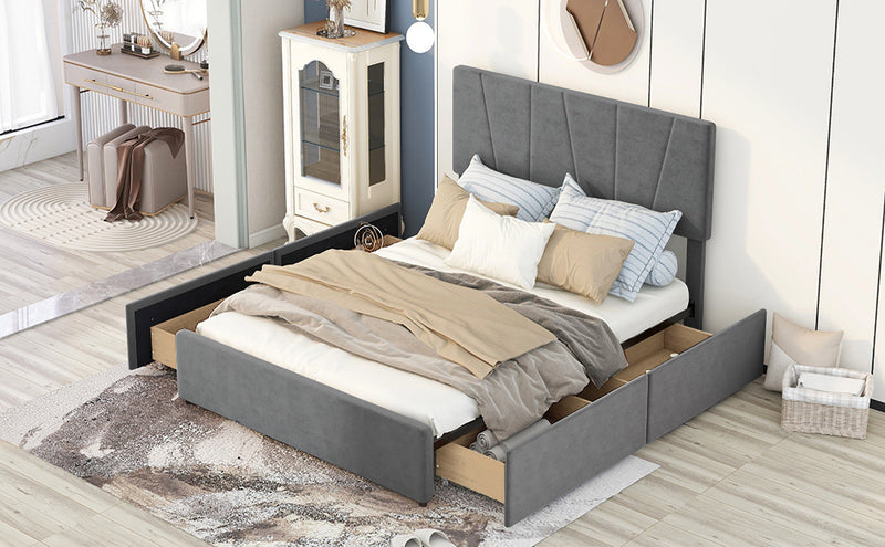 Queen Size Upholstery Platform Bed with Four Drawers on Two Sides, Adjustable Headboard, Grey(Old SKU: WF291774EAA)