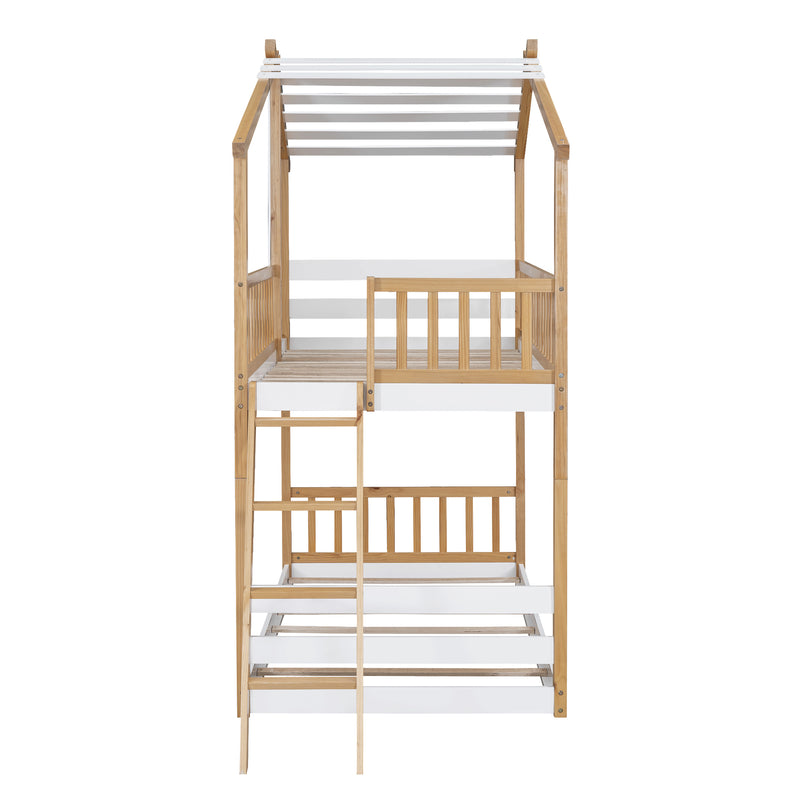 Twin Over Twin Bunk Bed Wood Bed with Roof, Window, Ladder,Natural(OLD SKU :LT100008AAD)