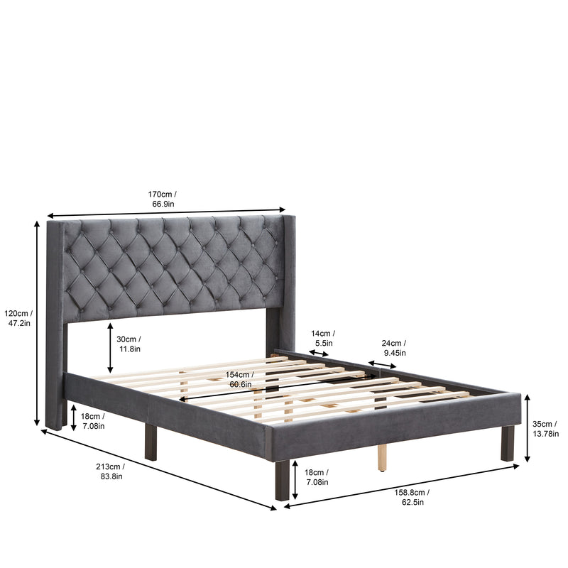 Velvet Button Tufted-Upholstered Bed with Wings Design - Strong Wood Slat Support - Easy Assembly - Gray, Queen, platform bed