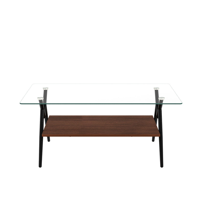 Rectangle Coffee Table With Tempered Glass Top And Shelf, Modern Table For Living Room