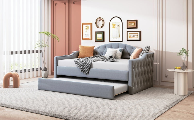 Twin Size Tufted Upholstered Daybed with Trundle ,Velvet Sofabed with USB&Type-C Charging Ports,No Box-spring Needed, Gray