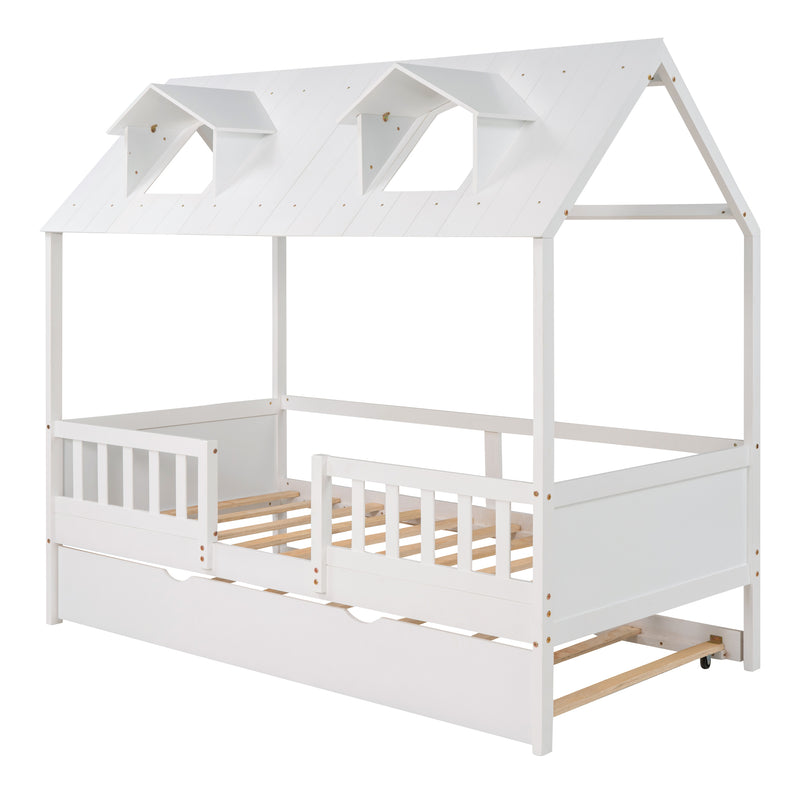 Twin Size House Bed Wood Bed with Twin Size Trundle ( White )