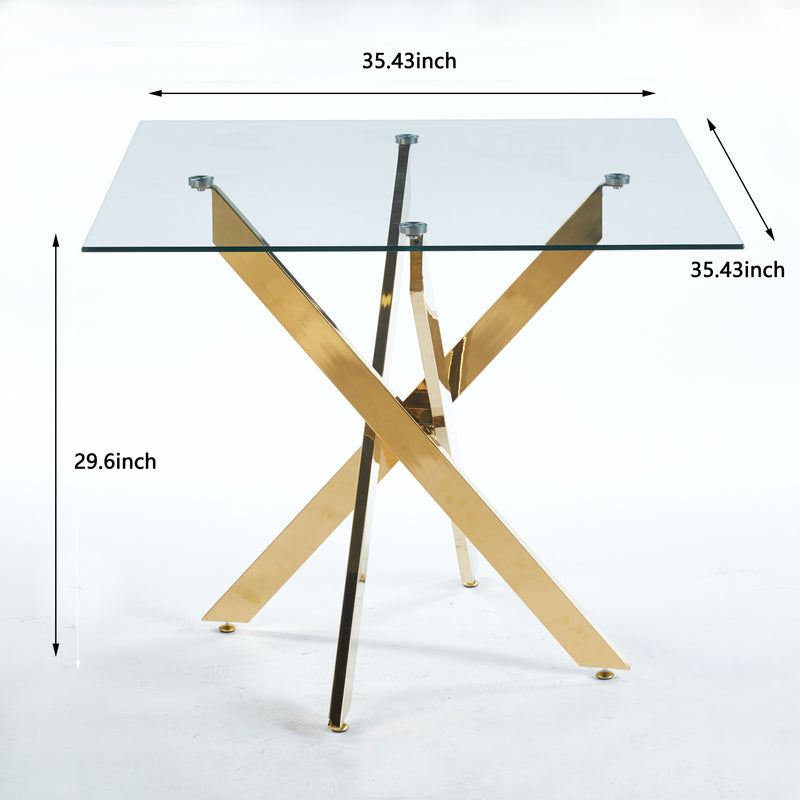 Dining Table With Cross Metal Leg And Tempered Glass, Modern Space Saving Kitchen Table For Living Room Legs, Square Table