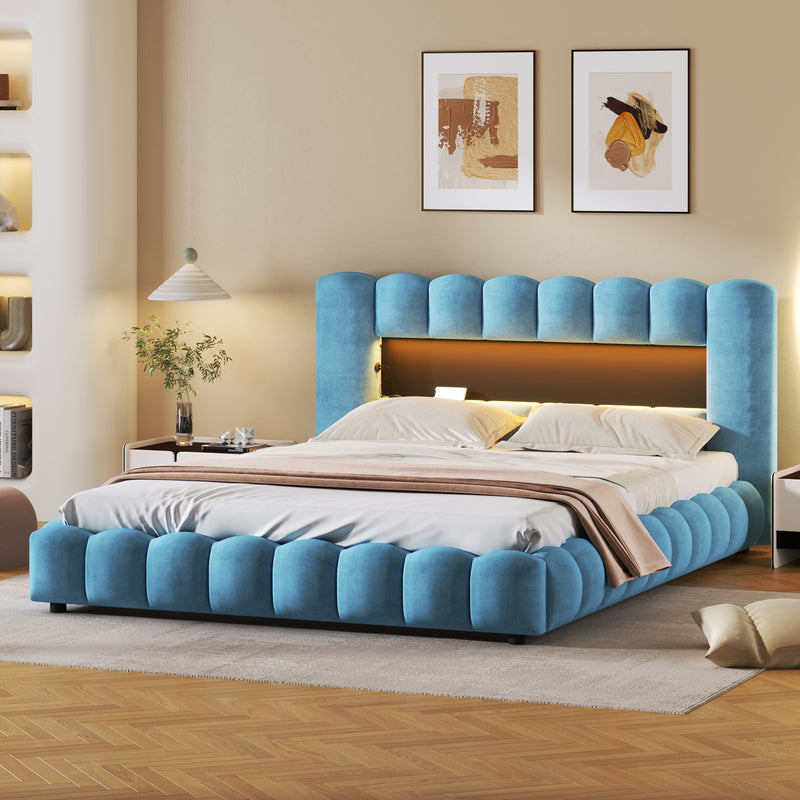 Queen Size Upholstered Platform Bed with LED Headboard and USB, Blue