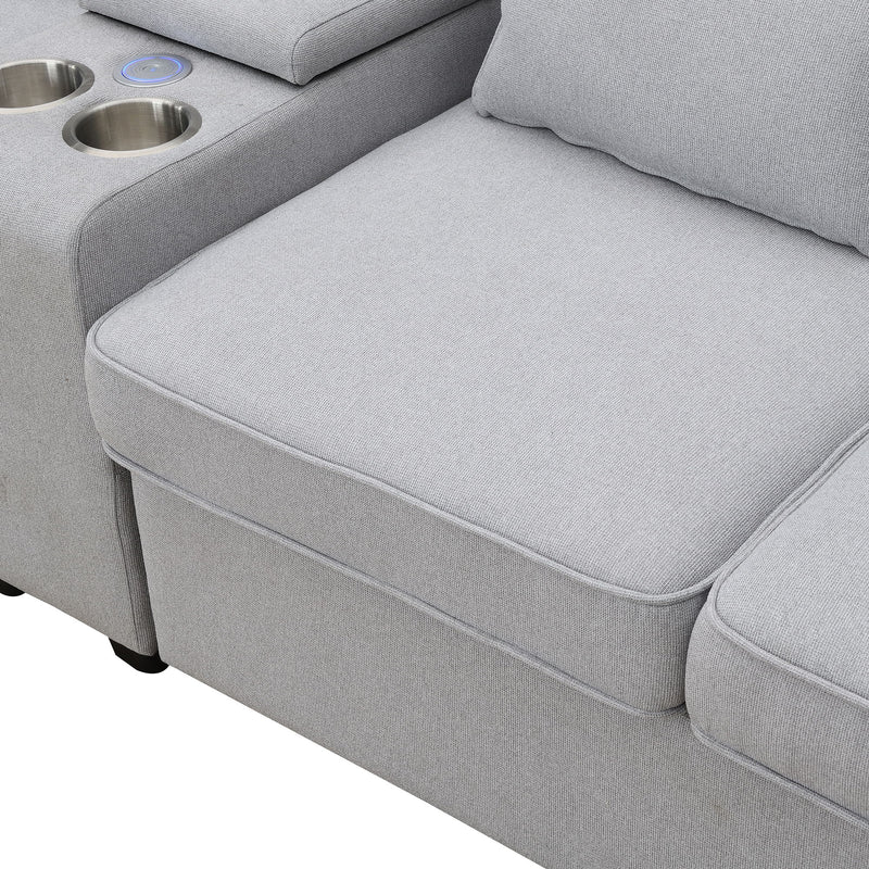 Upholstered Sofa With Console, 2 Cupholders And 2 USB Ports Wired Or Wirelessly Charged, Modern Linen Fabric Couches With 4 Pillows For Living Room, Apartment (4-Seat)