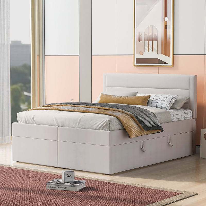 Queen Size Upholstered Platform Bed with Storage Underneath, Beige