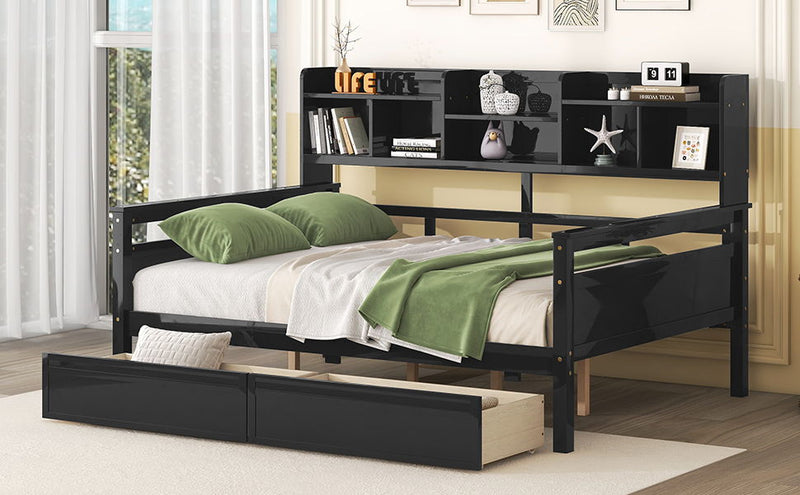 Daybed, Wood Slat Support, With Bedside Shelf And Two Drawers