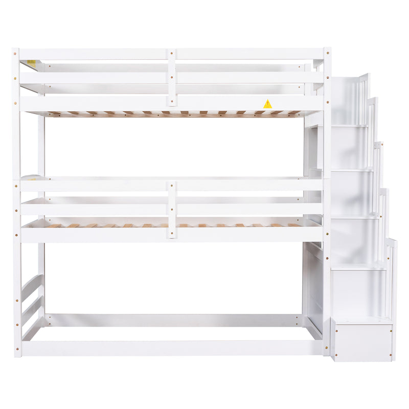 Twin Size Triple Bunk Bed with Storage Staircase,Separate Design,White