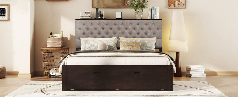 Wood Queen Size Platform Bed with Storage Headboard, shoe rack and 4 drawers,Espresso