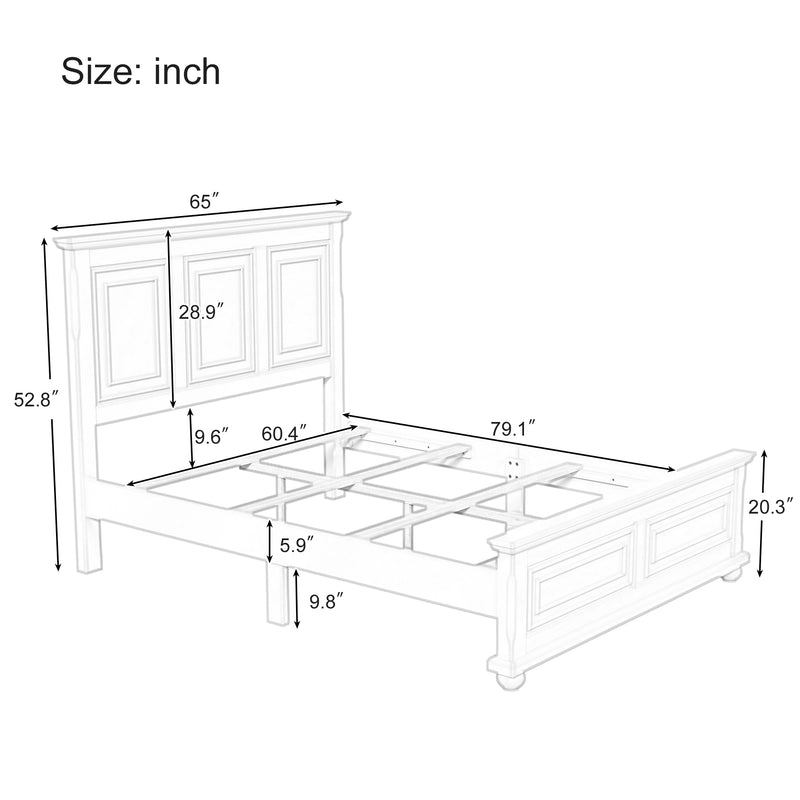 Traditional Town and Country Style Pinewood Vintage Queen Bed, Stone