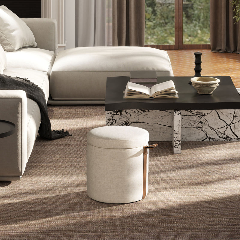 Brandy - Round Upholstered Storage Ottoman With Leather Accent