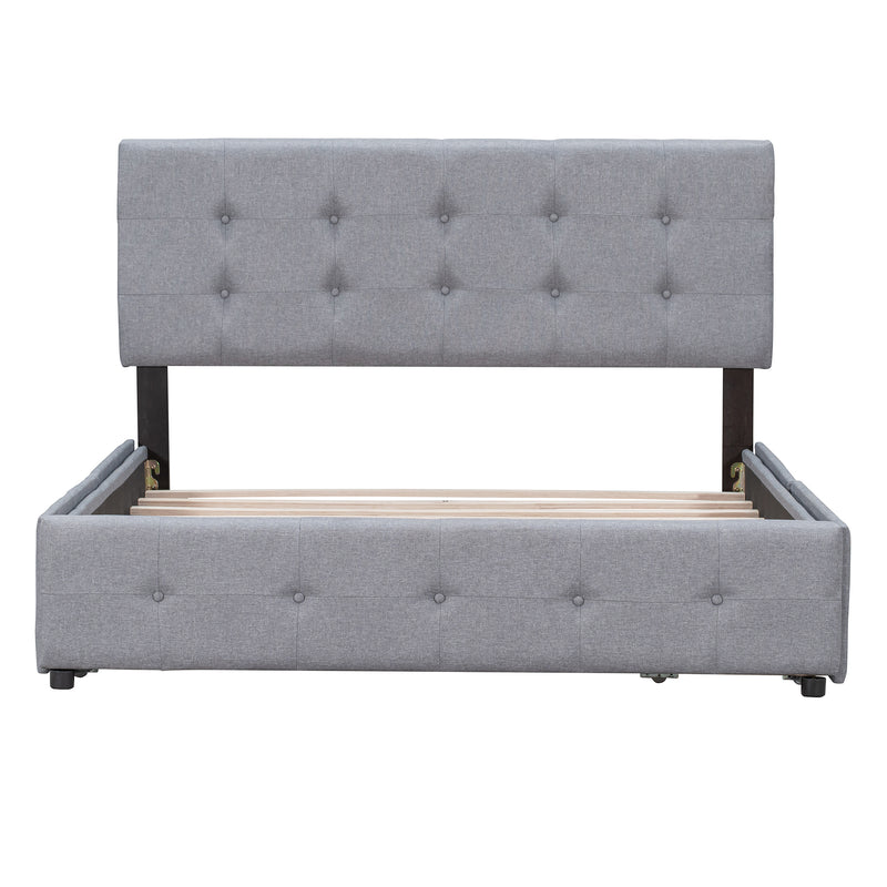 Upholstered Platform Bed with Classic Headboard and 4 Drawers, No Box Spring Needed, Linen Fabric, Queen Size Light Gray