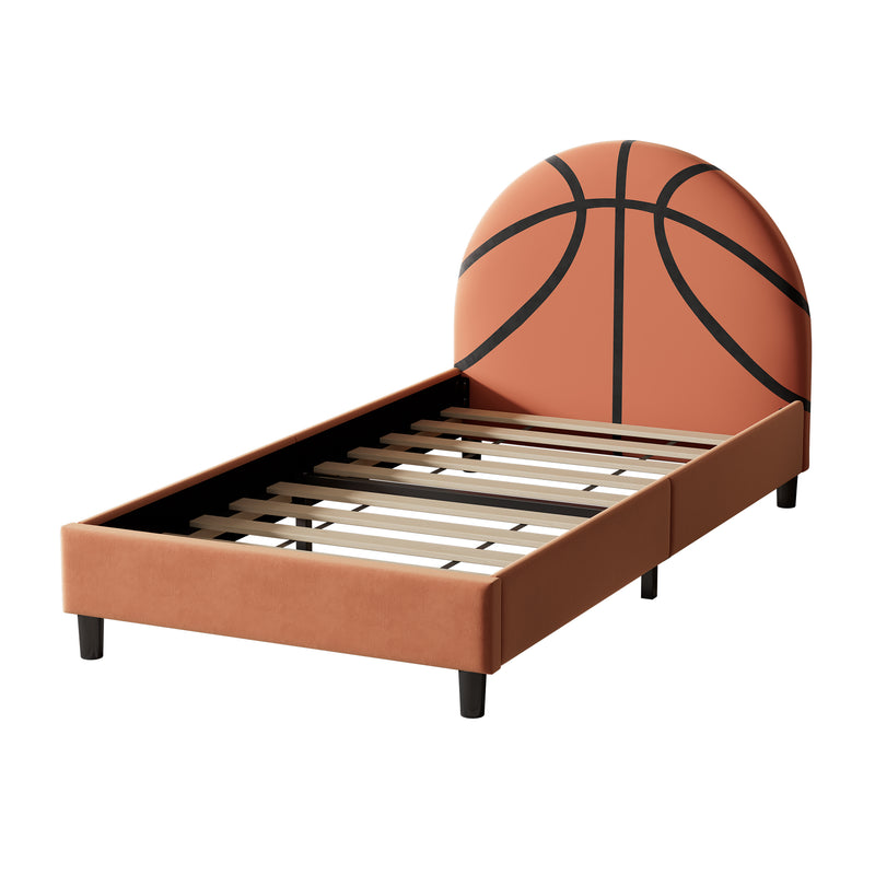 Basketball Design Upholstered Twin Platform Bed Sport Style Bed for Boys & Girls, Teens, Orange