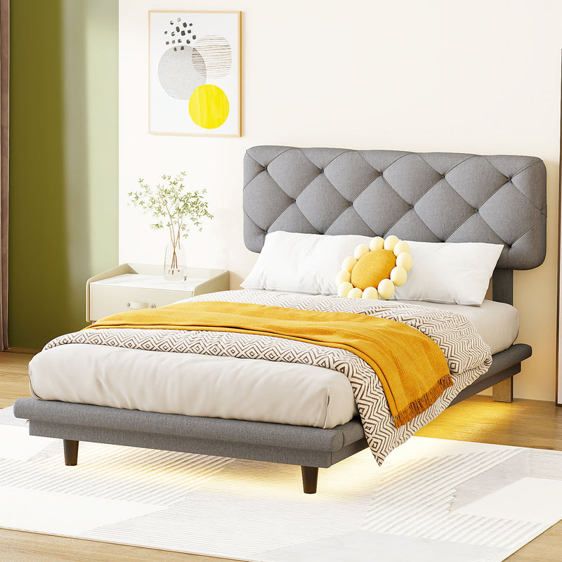 Twin Size Upholstered Bed with Light Stripe, Floating Platform Bed, Linen Fabric,Gray