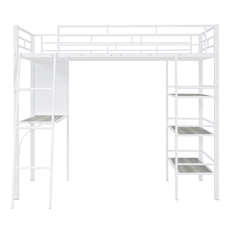 Loft Metal Bed With 3 Layers Of Shelves And Desk, Stylish Metal Frame Bed With Whiteboard