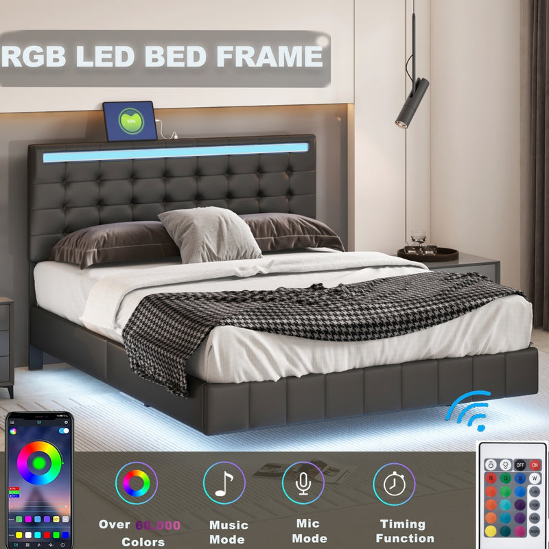 Queen Size Floating Bed Frame with LED Lights and USB Charging,Modern Upholstered Platform LED Bed Frame,Black