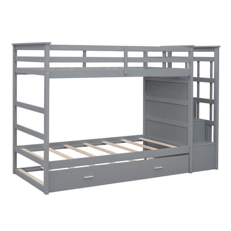 Twin Over Twin Bunk Bed with Trundle and Staircase,Gray(OLD SKU:LT000068AAE)