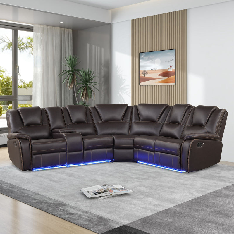 Modern Faux Leather Manual Reclining With Center Console And LED Light Strip, Living Room Furniture Set, PU Symmetrical Couch With 2 Cup Holders And Storage For Living Room