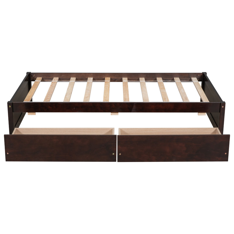 Twin Bed with 2 Drawers, Solid Wood, No Box Spring Needed ,Espresso(New SKU:W504P149043)