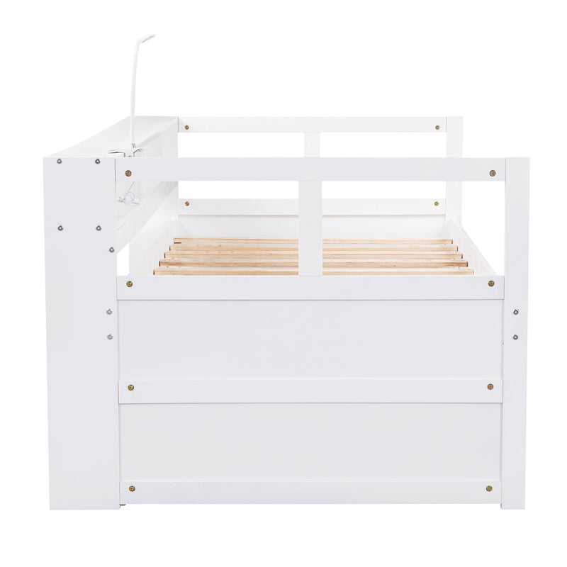 Twin XL Wood Daybed with 2 Trundles, 3 Storage Cubbies, 1 Light for Free and USB Charging Design, White