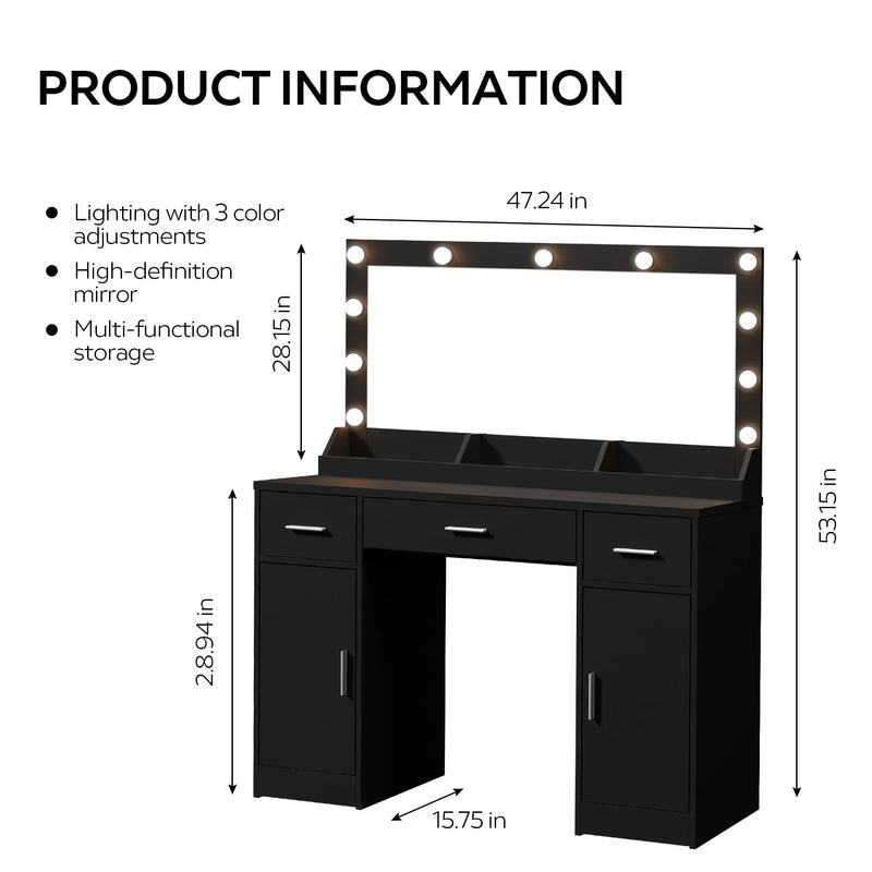 Vanity Desk With Large Mirror, 3 Colour Lighting Modes, Adjustable Brightness, Dresser With 3 Drawers & 2 Vertical Cabinets, Makeup Vanity Table For Women & Girls