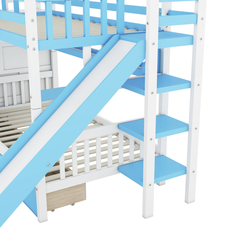 Twin-Over-Twin Castle Style Bunk Bed with 2 Drawers 3 Shelves and Slide - Blue