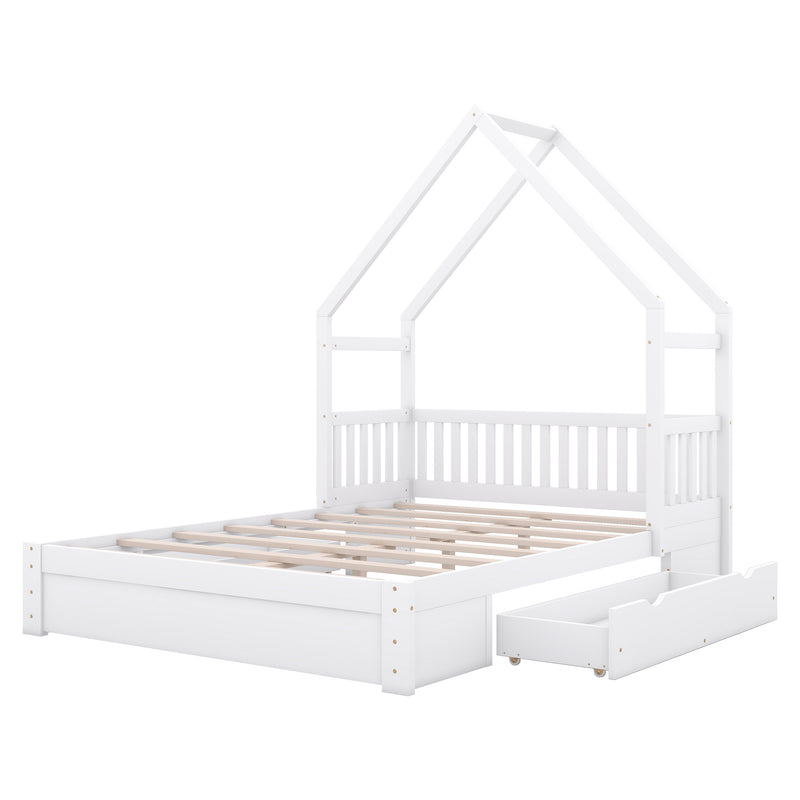 Wood Queen Size House Platform Bed with Guardrail and 2 Drawers, White (Expected Arrival Time:4.26)