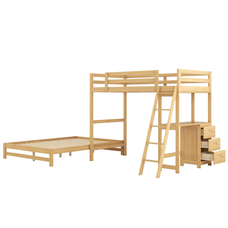 Twin over Full Bunk Bed with Built-in Desk and Three Drawers,Natural