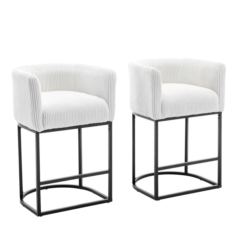 Modern Bar Stools (Set of 2), Counter Height Stools With Barrel Back And Arms, Upholstered Seat Cushion Linen Modern Kitchen Island Chair With Metal Frame For Kitchen Island - White